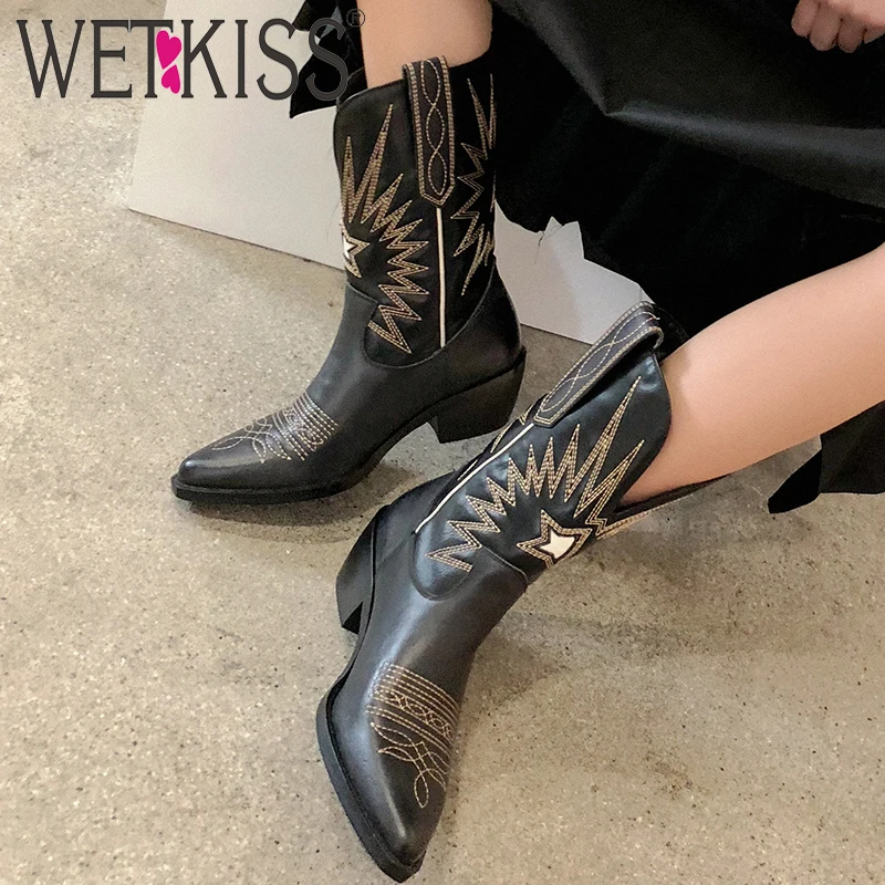 WETKISS/ковбойские сапоги; женские дизайнерские высокие сапоги на Кубинском каблуке; женские кожаные туфли с острым носком; Женская вышитая обувь в стиле ретро; сезон осень