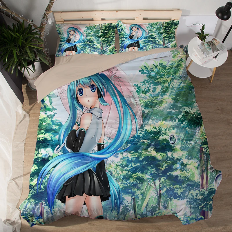 Японское аниме Hatsune Мику постельного белья покрывало Стёганое одеяло наволочка 3 шт. пододеяльник устанавливает розовый белый Королева Король постельное белье