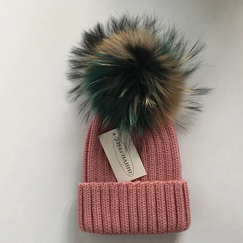 Women Pink Модная новинка, помпоны из натурального Лисьего меха и норки, 15 см, Skullies Beanies, шапки для женщин и девочек, зимние шапки, детские шапки, шапка - Цвет: Women Pink