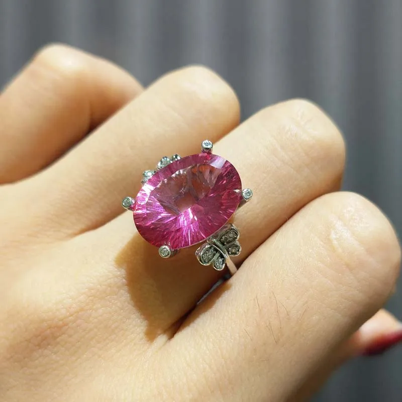 FLZB, ювелирные украшения 12.8ct большое кольцо с натуральными драгоценными камнями розовый топаз вогнутый вырезанный 12*16 мм из стерлингового серебра 925 пробы с золотом огромное кольцо