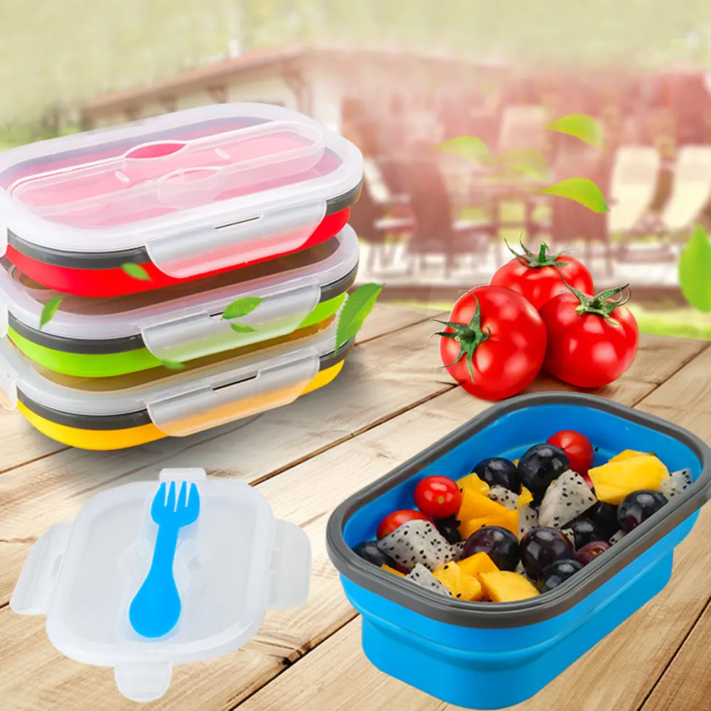 Силиконовые складная коробка для завтрака с вилкой пикники еда бирка контейнера