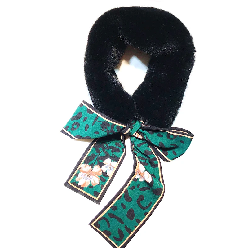 

COKK Fur Scarf Leopard Print Scarf Imitation Rabbit Fur Knot Bow Women Winter Scarf Female Neckerchief Scarves & Wraps New Brand