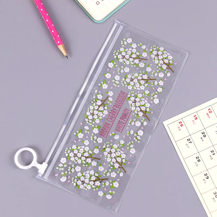 White flowers Kawaii из прозрачного ПВХ Водонепроницаемый Карандаш Чехол канцелярские сумки маленькими цветочками; с узором из пайеток; в Животные Карандаш сумка, школьные принадлежности подарок для ученика - Цвет: White flowers