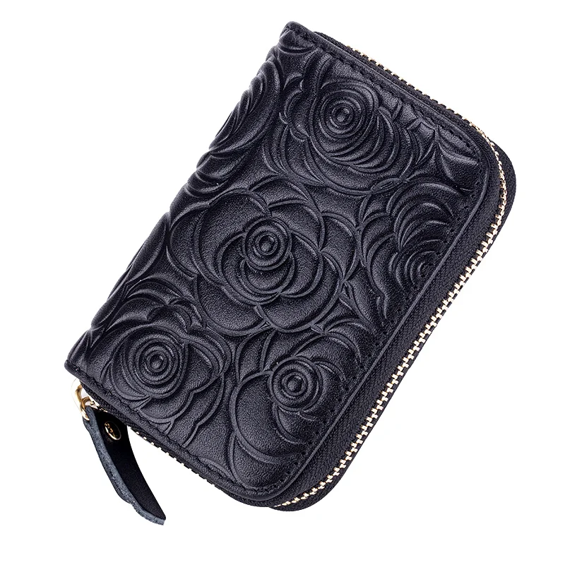 

MELOVO Women's Genuine Leather Zipper Card & ID Holders Vintage Floral Card Card Holders Keyring 37110