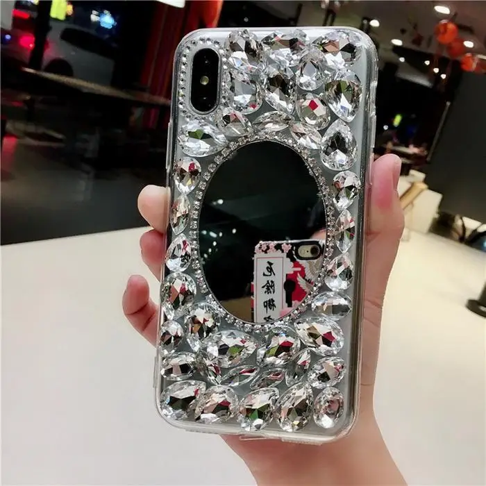 Креативные Rhinestone задняя крышка-чехол для телефона с зеркалом для макияжа для серебро iPhone легко надевается и снимается