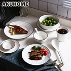 Керамическая тарелка для еды в западном стиле, блюда для стейка, глубокое блюдо, Бытовая Посуда, простой синий край, AKUHOME