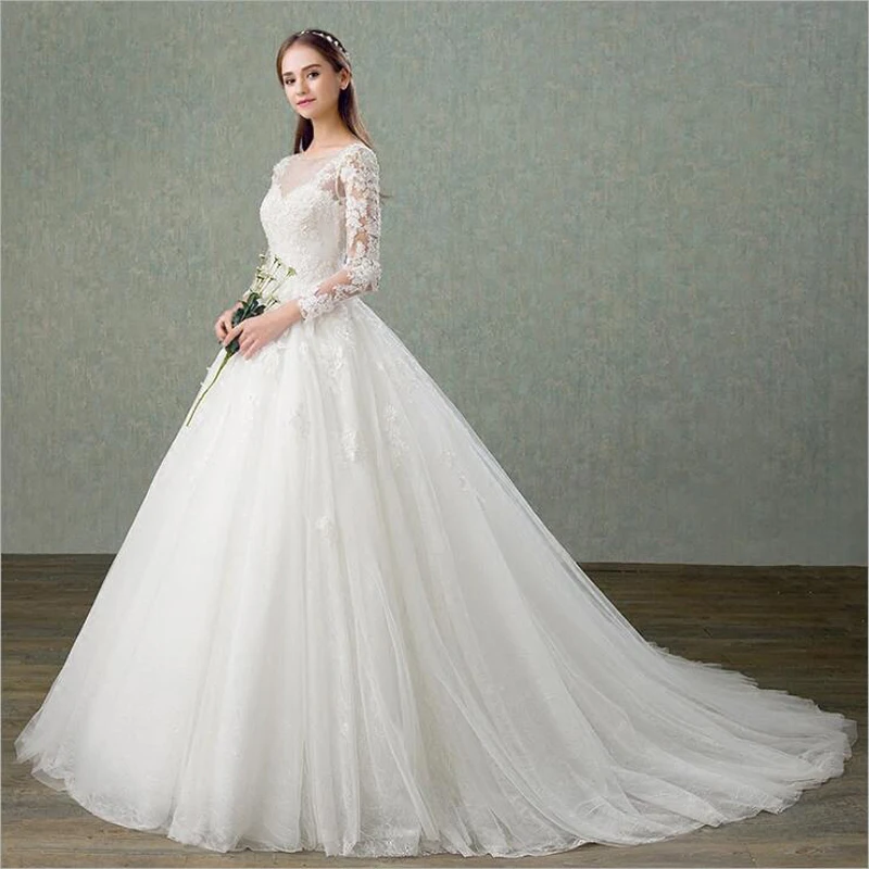 

High Quality O-Neck Lace Wedding Dresses Ball Gowns Sweep Train Long Sleeves Vestidos De Novia Plus Sizes Customized