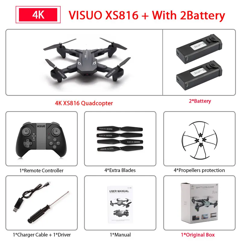 4k 2B Original Box Визуализации XS816 беспилотный летательный аппарат для контроля уровня сахара в крови с 50 раз зум Wi-Fi FPV 1080P или 4K двойной Камера оптического потока Квадрокоптер складной селфи Дрон VS SG106 - Цвет: 4k 2B Original Box
