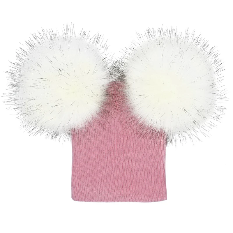 pink-white-ball Новинка года, брендовая детская теплая зимняя хлопковая вязаная шапочка мех помпон с помпоном-кисточкой, шапка, зимняя теплая шапка - Цвет: pink-white-ball