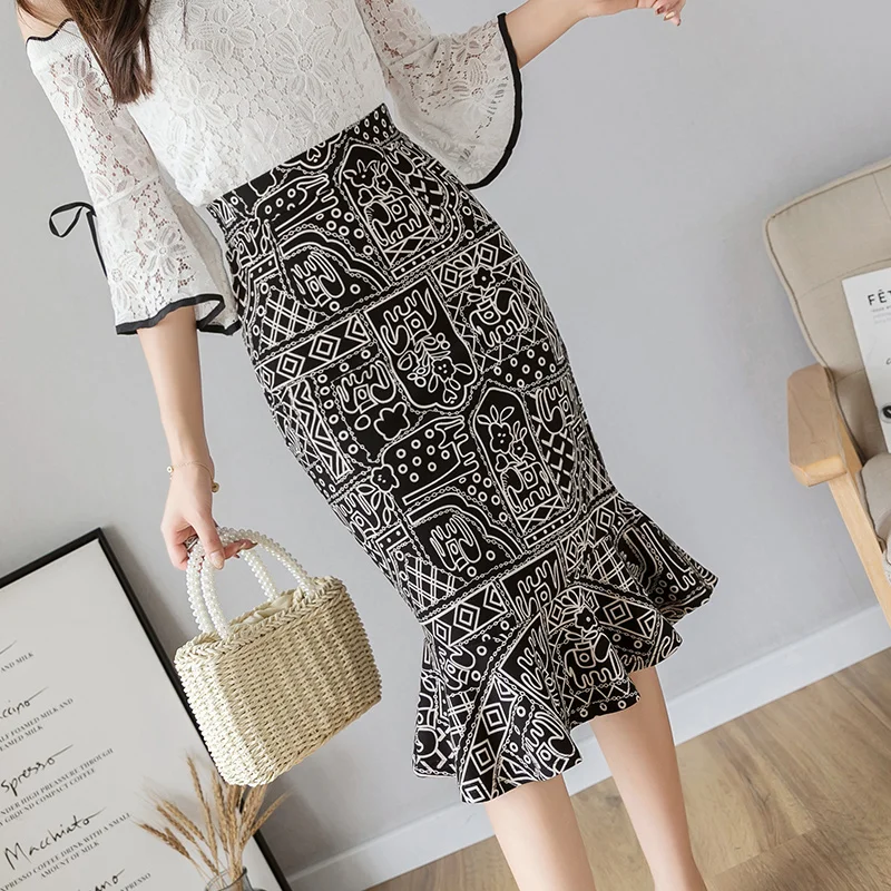 Женская винтажная юбка-Русалка Черного размера плюс Осенняя офисная миди-юбка