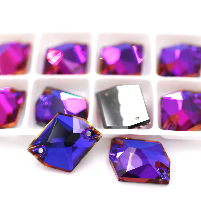 Purple blue light Новинка, 13x17 мм, Шестигранная форма, мокко, двойное отверстие, стекло, кристалл, пришивные стразы с плоской задней стороной, для одежды, свадебные украшения - Цвет: Purple blue light
