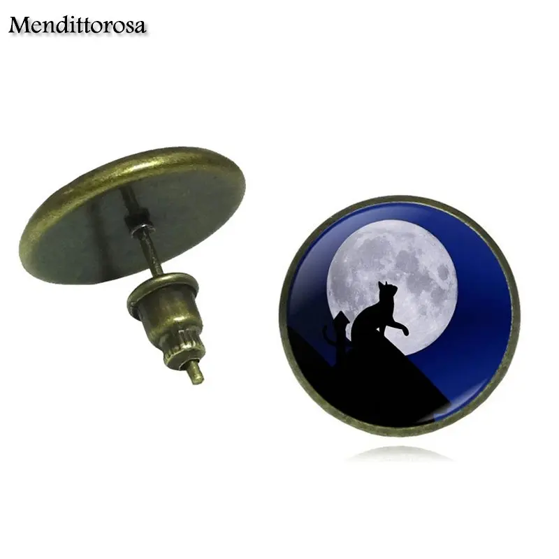 Mendittorosa Blue Moon and cat Brand Jewelry Bronze/Silver/Golden Clip Ear Hook Stud Earrings Glass Dome For Child | Украшения и