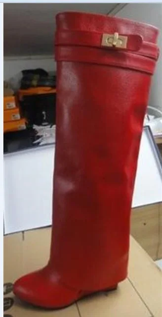 Red 1 Mcacchi/женские сапоги до колена на танкетке с замком акулы; женские мотоциклетные сапоги без застежки; женские сапоги из натуральной кожи, визуально увеличивающие рост - Цвет: Red 1