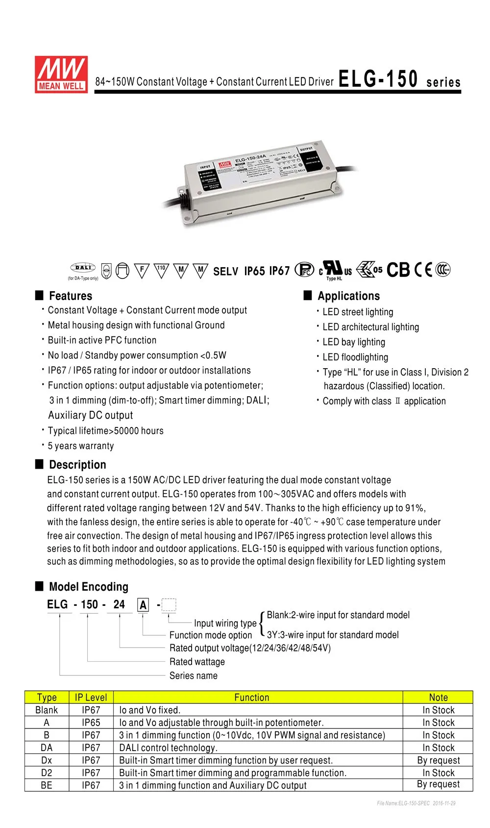 Источник питания Meanwell ELG-150-36B 150 Вт 36 В 4.71A IP67 затемнение водонепроницаемый светодиодный драйвер ELG-150 типа B
