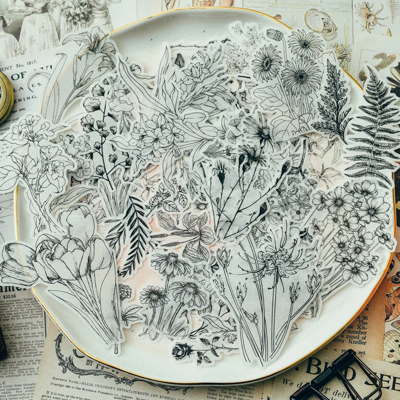 58 шт./компл. винтажная черно белая бумага с ручным рисунком и цветами для