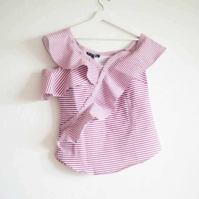 2018 брендовые полосатые топы Для женщин Летняя Мода с плеча рубашки короткий