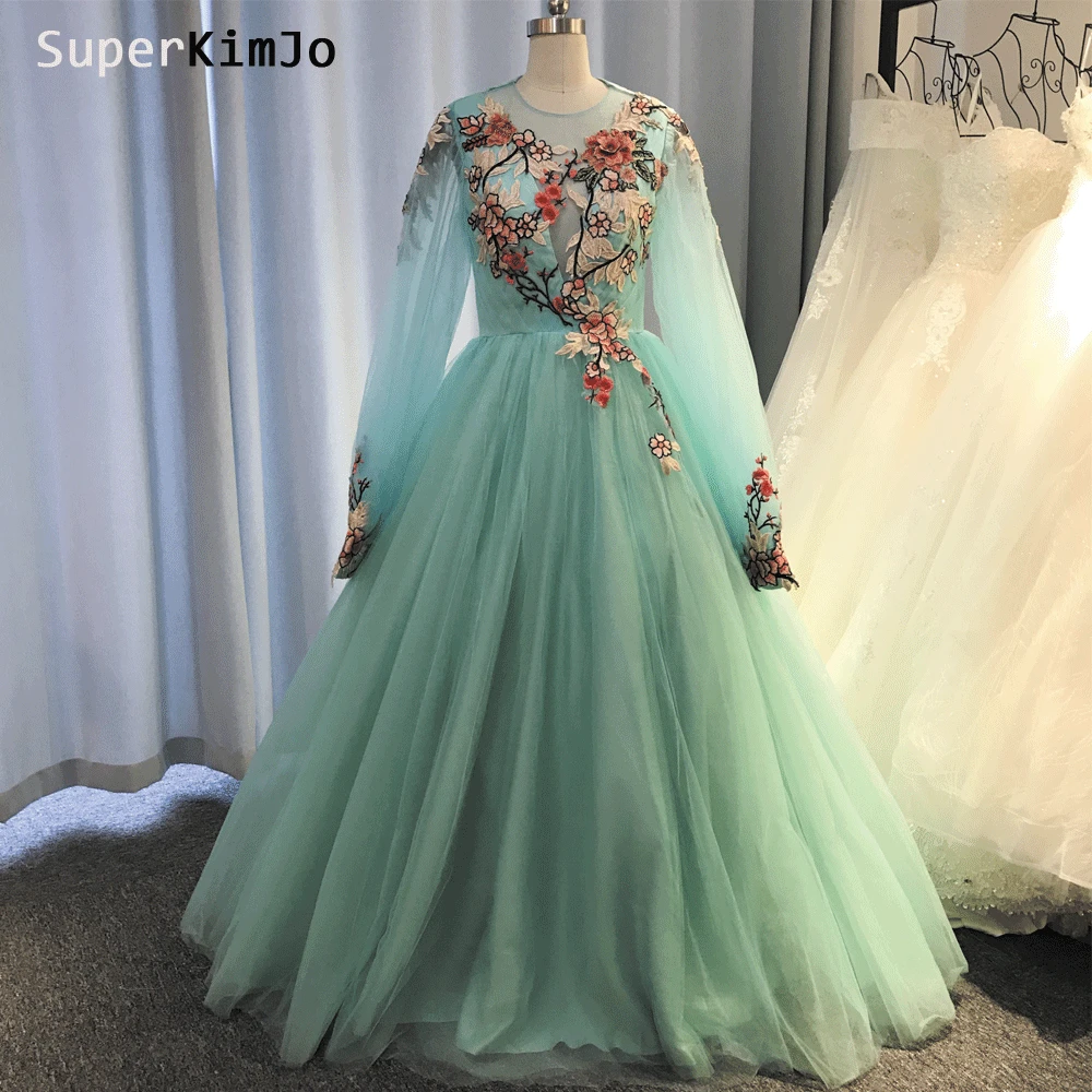 SuperKimJo вышитые платья на выпускной с аппликацией длинным рукавом бирюзово