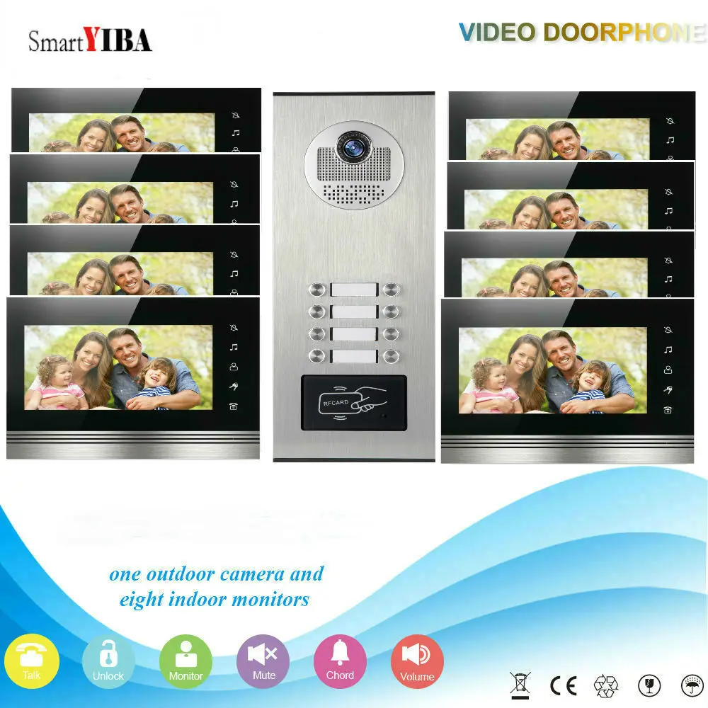 Smartyiba Home Security 7 "Inch Monitor Video Deurtelefoon Deurbel Intercom Rfid Toegangscontrole Camera Systeem Voor 8 Appartement