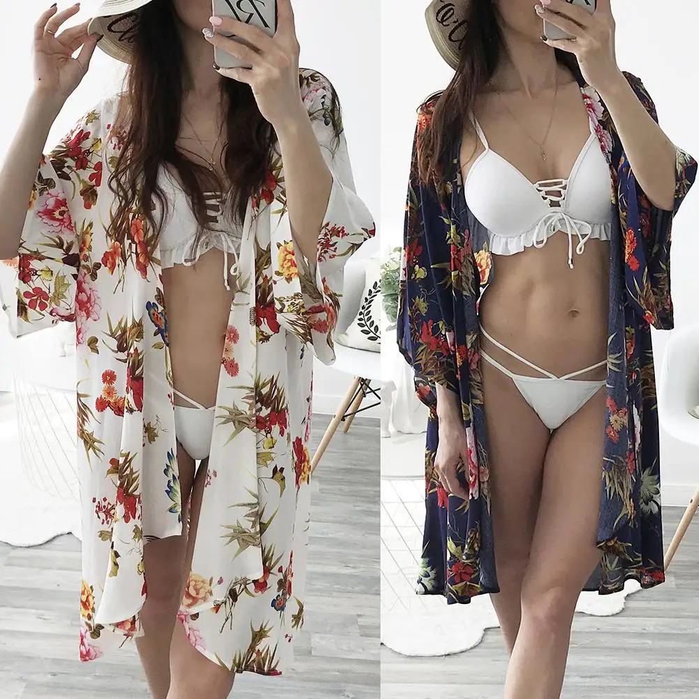 Yfashion женское Модное шифоновое с цветочным принтом открытое пальто пляжные