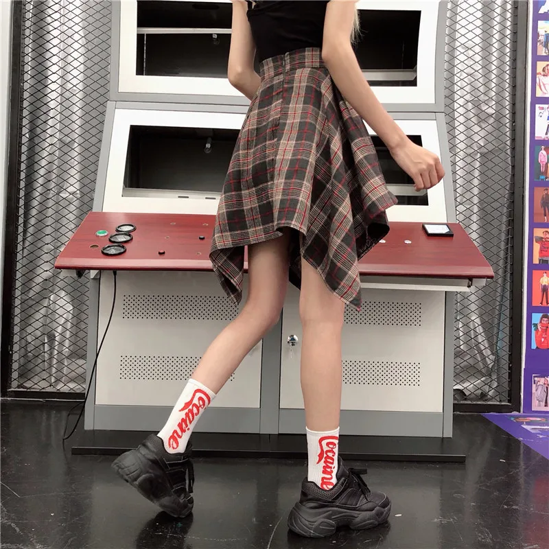 Летние Асимметричные клетчатые юбки для женщин Harajuku с высокой талией, плиссированные уличные юбки Новая мода гранж стиль юбки для женщин