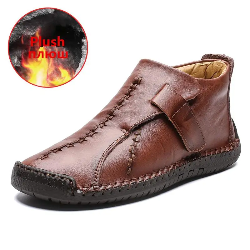 Plush brown Зимние Мужские зимние сапоги высокое качество кожаные плюшевые Мужские ботильоны Обувь на теплом меху Для мужчин сапоги осень Мужская обувь повседневная обувь большой Размеры 48 - Цвет: Plush brown