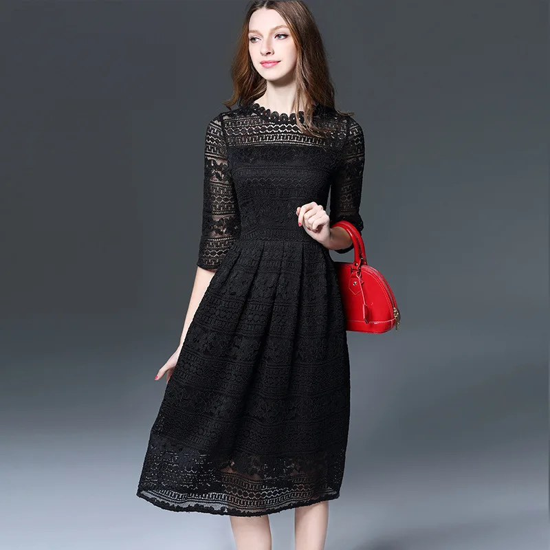 2017 плюс размер 5XL Женские платья осень полые Кружева Осень Зима повседневные