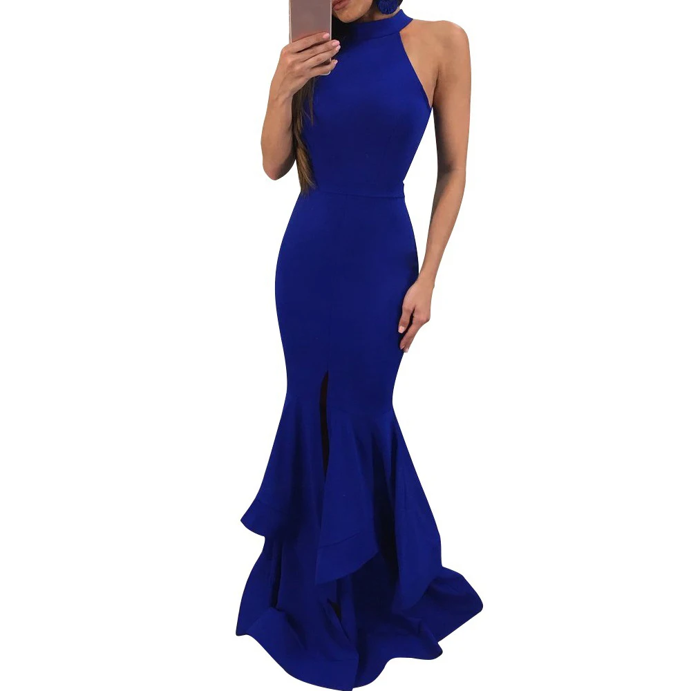 

new women's sexy dress bohemian round neck sleeveless ruffled dress wine red blue black dress