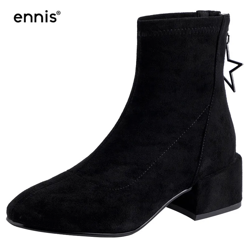 ENNIS/; осенние женские ботинки из флока; замшевые растягивающиеся ботильоны; женские ботинки с круглым носком на квадратном каблуке; модная обувь розового и черного цвета; A960 - Цвет: Black