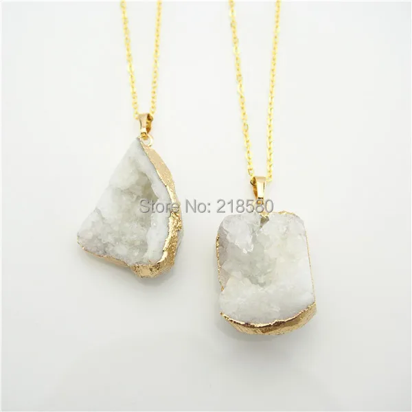 

QN340 Boho Jewelry White Agates Druzy Crystal Pendant Necklace Gold Chain