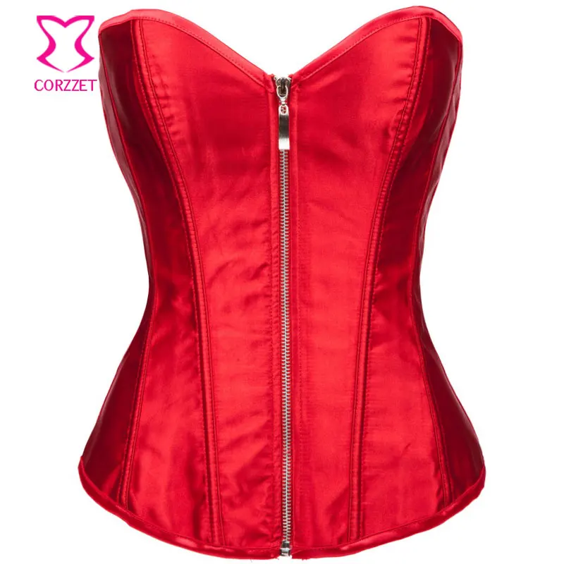 

Red Satin Front Zipper Corpetes E Espartilhos Sexy Women Corset Gothic Clothing Corsets And Bustiers Corselet Overbust Corsage