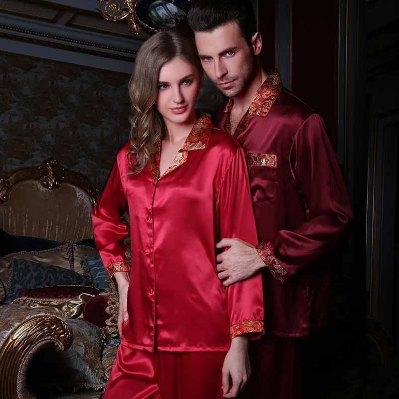 

Fashion Brand Real Silk Couple Pajama Two-Piece Red 100% Silk Sleepwear Female Male Spring Autumn Long-Sleeved Pyjama Sets Z11