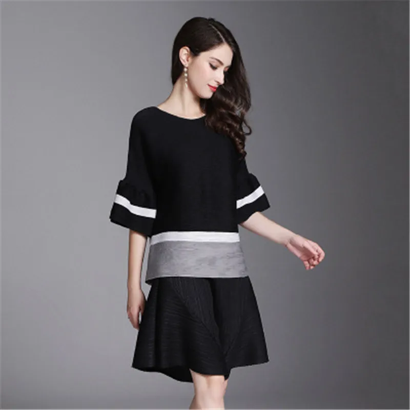 Women's Miyak pleated trumpet sleeves shirt round neck short-sleeved sunscreen shirt+ pleated wide leg casual versatile shorts