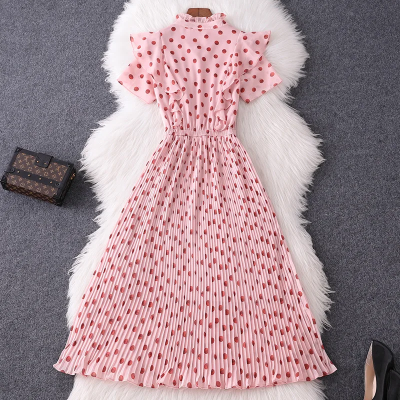 Женское шифоновое платье в горошек элегантное Плиссированное розовое с бантом и