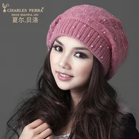 charles perra brand women hats winter thicken double layer rabbit hair knitted hat elegant casual wool cap female beanies 22305