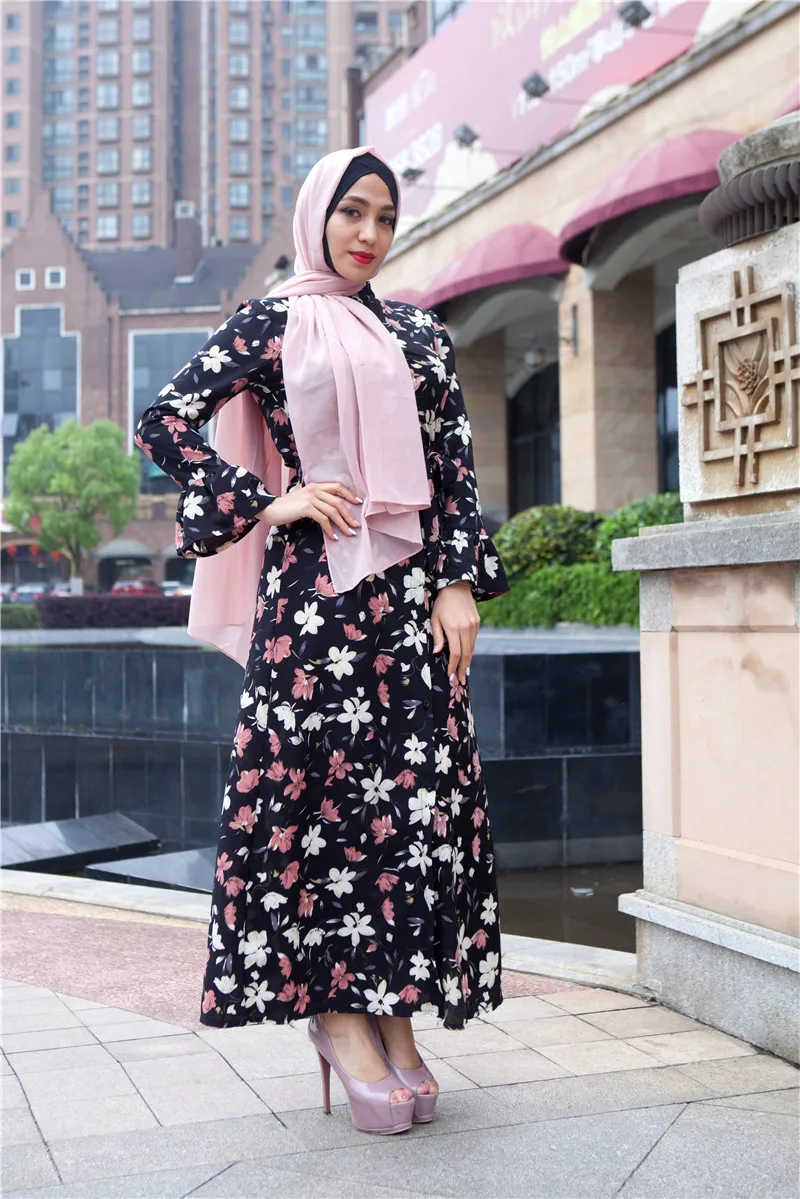 Женское платье с цветочным принтом Abaya черно белое длинное мусульманское макси