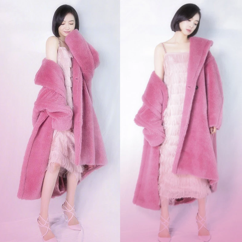 

Fashion solid color slim elegant thicking loong wool blends coats female autumn winter new fur coats sweet outerwear gx1620