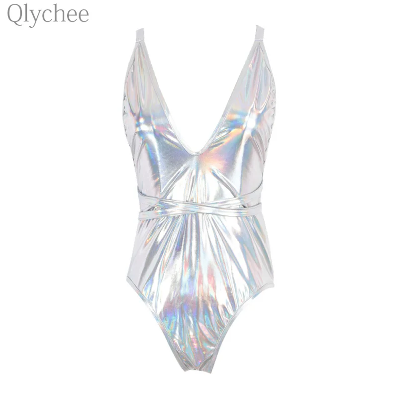 Qlychee пикантные женские облегающие голографические серебряные боди из виниловой ткани лазерного цвета боди-комбинезон с объемным рисунком, праздничная одежда