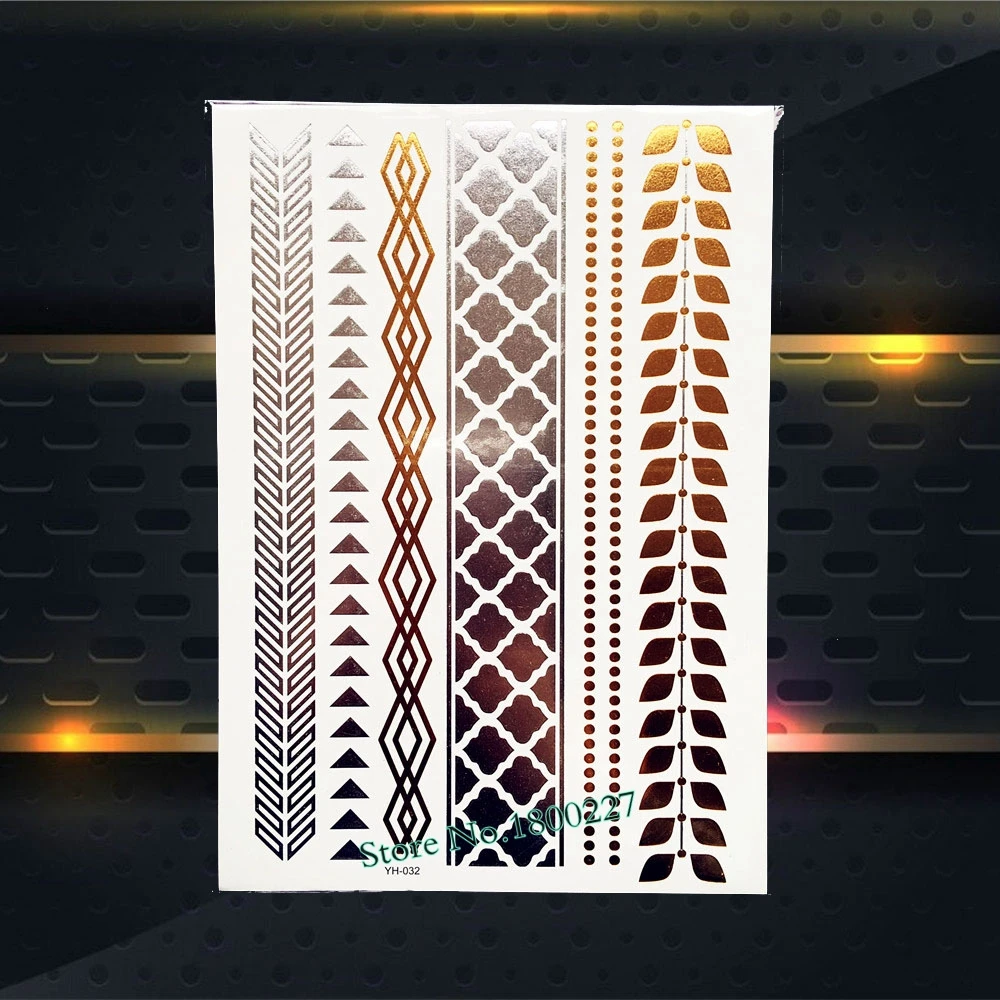 

Водостойкая поддельная бижутерия на руку, ногу, тату, золотой, серебряный браслет, 21x15 см, листья, цепочка, треугольник, женский боди-арт, врем...