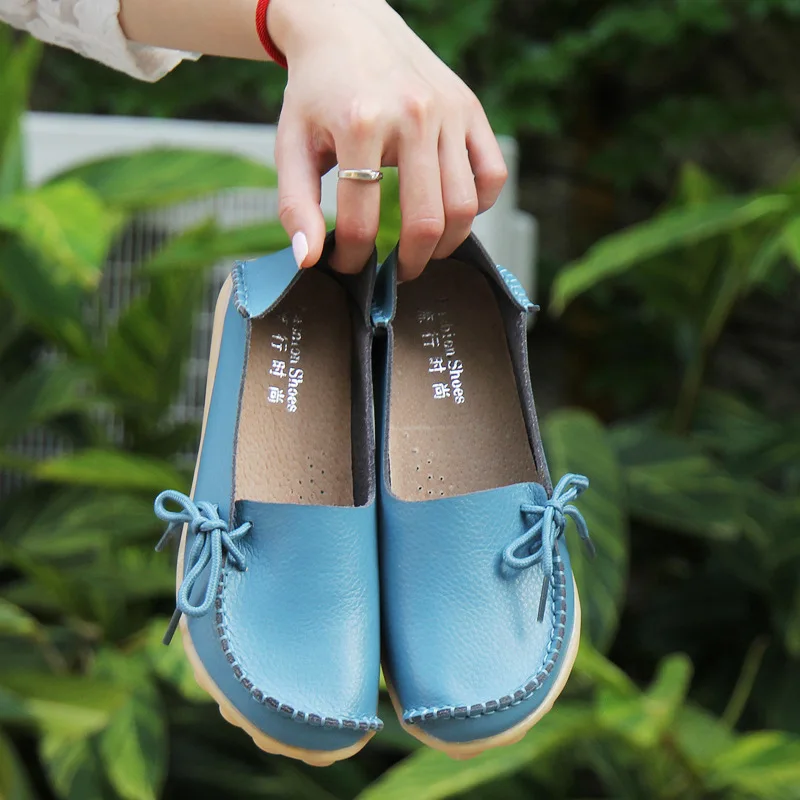 Light blue Женская обувь на плоской подошве; коллекция года; Летняя женская обувь; обувь из натуральной кожи; Балетки без застежки; Мокасины с бантом; балетки на плоской подошве; женская обувь; большие размеры - Цвет: Light blue