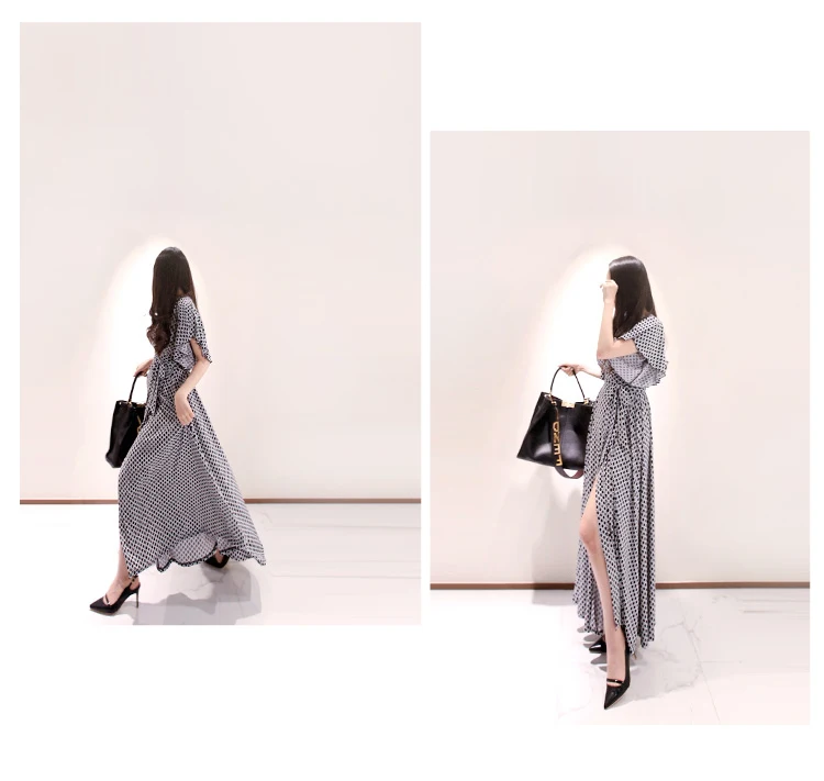 Новинка лета, женское шифоновое длинное платье макси в клетку, Vestidos, элегантное офисное женское платье в стиле бохо с разрезом и поясом, одежда для работы