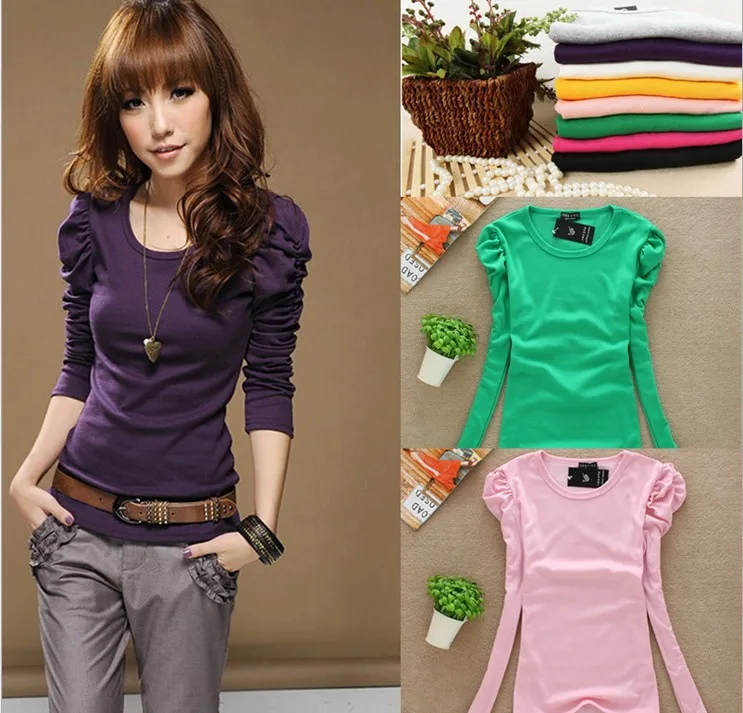 New 2014 Fashion Women's T-shirts Hot Selling Long Sleeve T Shirt Women Puff Tops Solid Print Autumn Slim Pullover 1004 | Женская