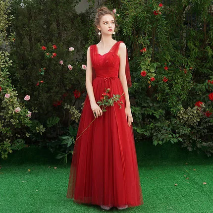 SSYfashion, элегантные, короткие рукава, шнуровка сзади, длина до пола, длинные шифоновые платья подружек невесты, на заказ, свадебные платья для женщин - Цвет: red