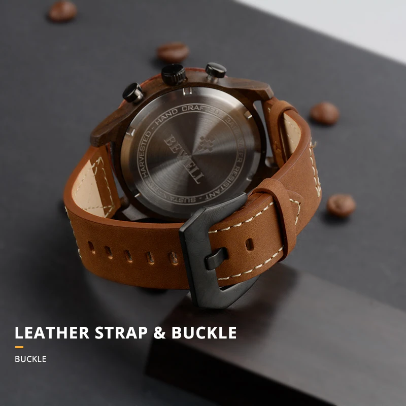 Men Luxury Waterproof Quartz Watch Wood Case Leather Strap With Chronograph And Calendar Functions Luminous Hands Bewell 161A