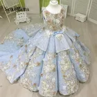 Платье для девочек, с цветами, голубого цвета, для свадьбы, дня рождения, со шлейфом