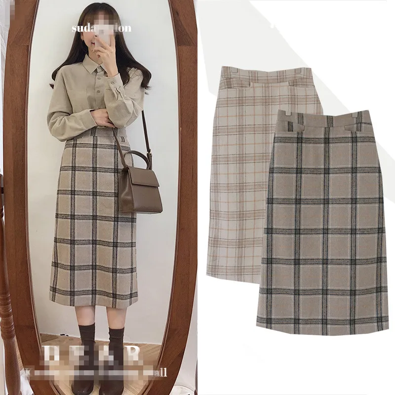 

Autumn winter vintage high waist plaid women woolen skirt sweet students straight skirt