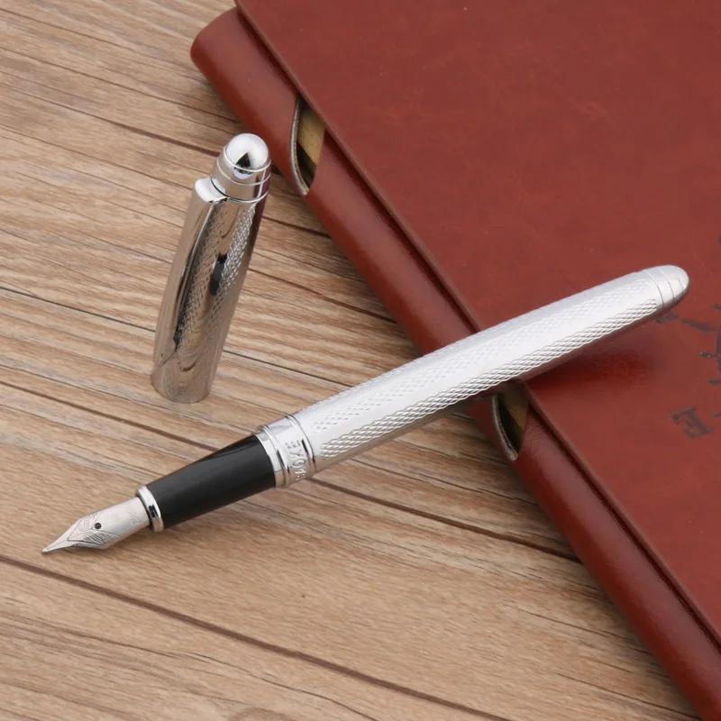 Металлическая классическая деловая ручка фонтанчик с серебристым волнистым