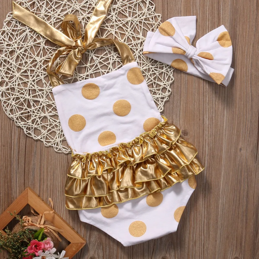 Летний комбинезон для 0 2 лет с подтяжками и золотым узором в горошек повязка на