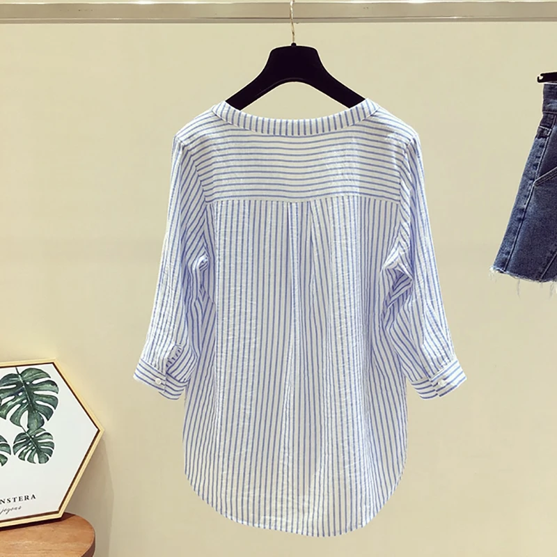 

Fashion Ladies Summer Half Sleeve Shirts Casual Loose Striped Blouse Top V-Neck Long Style Blouse Shirt Office Lady Clothes
