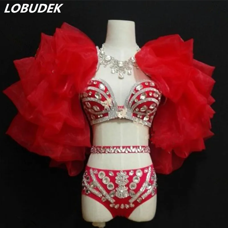 Nightclub DJ Women Singer Stage Outfit Car exhibition Female Models Catwalk Performance Costume Bar Party Red Crystal Bra Sets