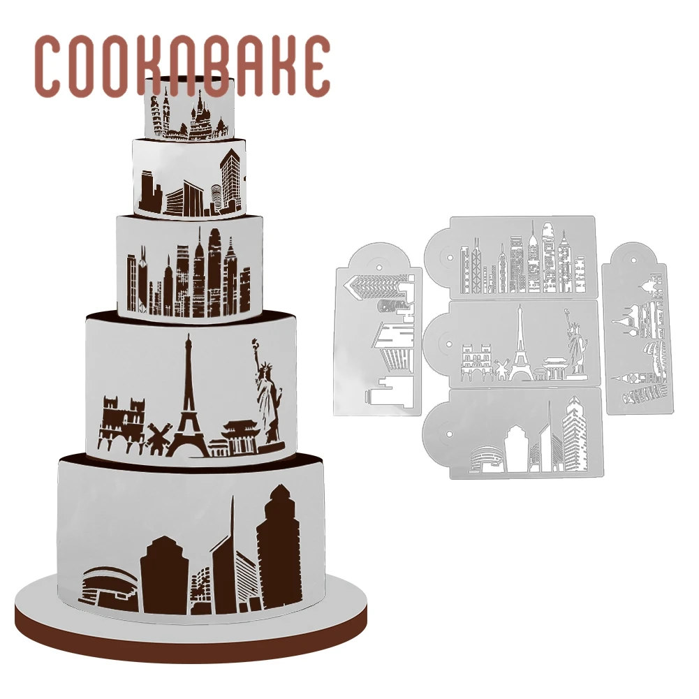 COOKNBAKE трафарет для украшения тортов набор пластиковый отпечаток коврик ориентир здание свадебный торт резная распылительная форма набор из 5
